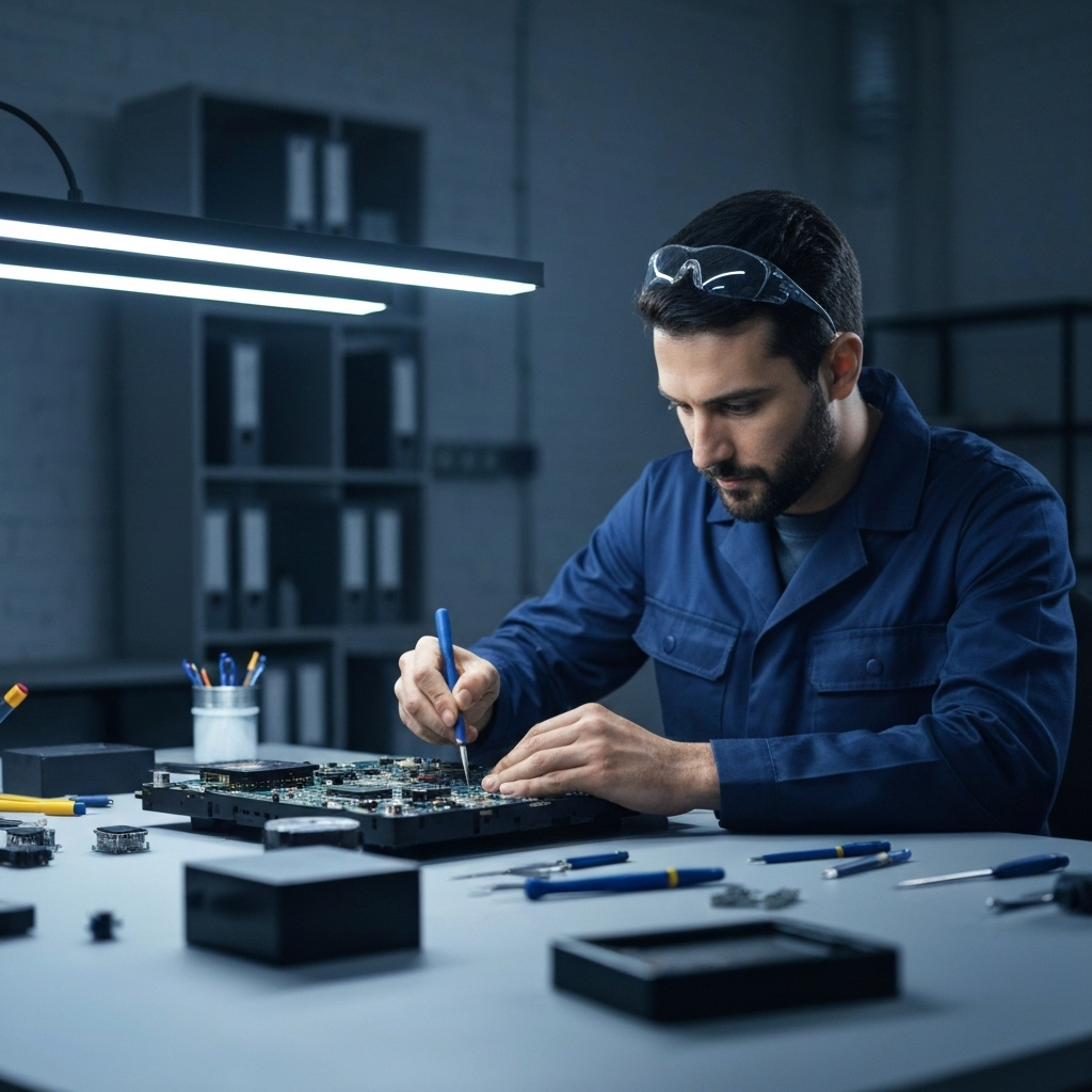 Técnico especializado trabalhando em equipamento eletrônico